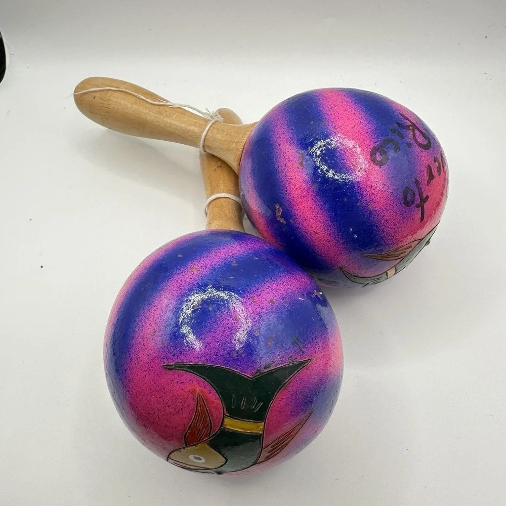 VTG Hand Painted Pink Purple Wooden Maracas‎ Musical Instruments Souvenir Fish